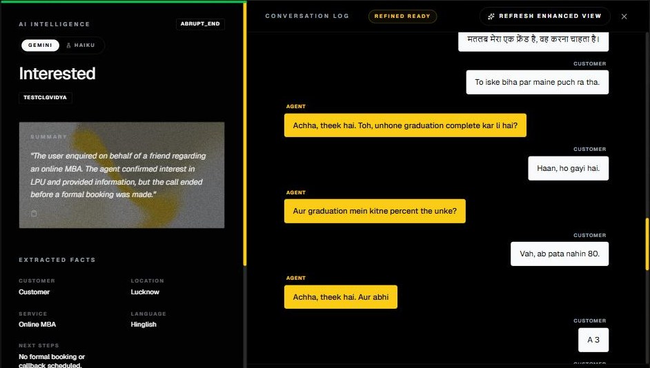 Call transcript in Hindi and Hinglish with the AI analysis alongside